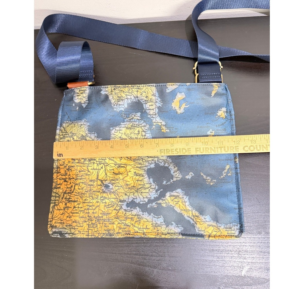 Patricia Nash Vintage Map Print Nylon Crossbody Bag Blue Yellow Slim Messenger - Picture 6 of 6